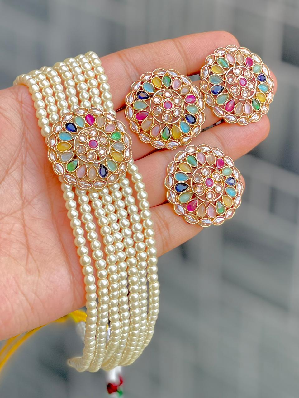 Reverse Ad Pearl Chokker With Beautiful Tops And Ring Combo